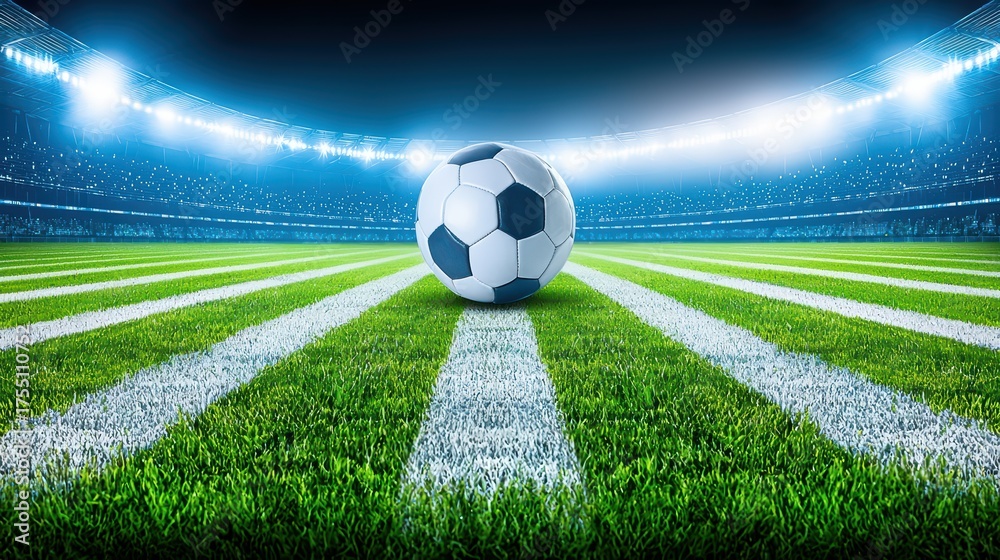 Fototapeta premium Soccer concept. Soccer Ball on Green Field with Stadium Lights and Spectators in Background, Evening Atmosphere of Excitement and Energy