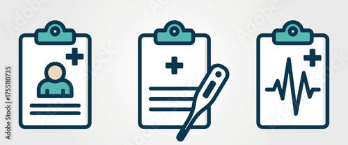 Patient report card icons. Medical history and health care symbols. Isolated vector color images