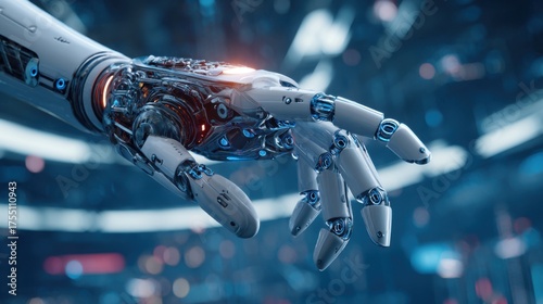 A robotic hand reaches out in a high-tech setting filled with glowing lights and complex machinery. The detailed design highlights the blend of metal and circuits.