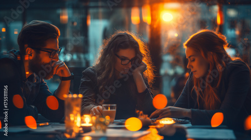 Young professionals brainstorming ideas at a café-style meeting table with warm lighting and thoughtful atmosphere