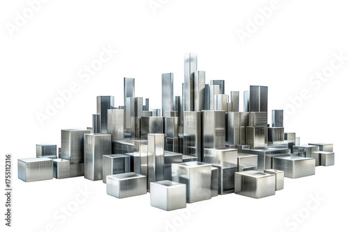 Futuristic Metallic Cityscape with Varying Geometric Building Forms buildings