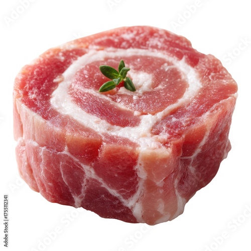 Fresh Raw Pork Roll with Herb Garnish on Isolated Background