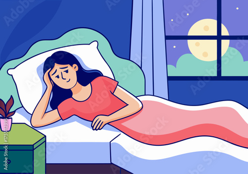 Woman Restless in Bed at Night, Illustrating Sleeplessness and Anxiety