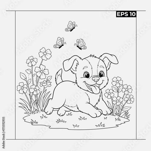Adorable puppy playing in a field of flowers with butterflies fluttering overhead for coloring