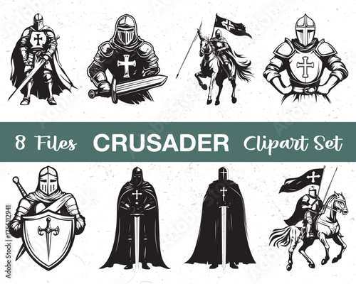 Medieval Knight Warriors Clipart Set – Vintage Crusader Illustrations