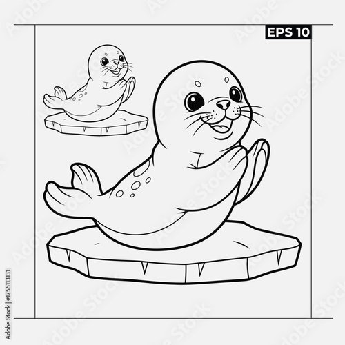 Cute cartoon baby seal character waving flippers on an ice floe for coloring fun