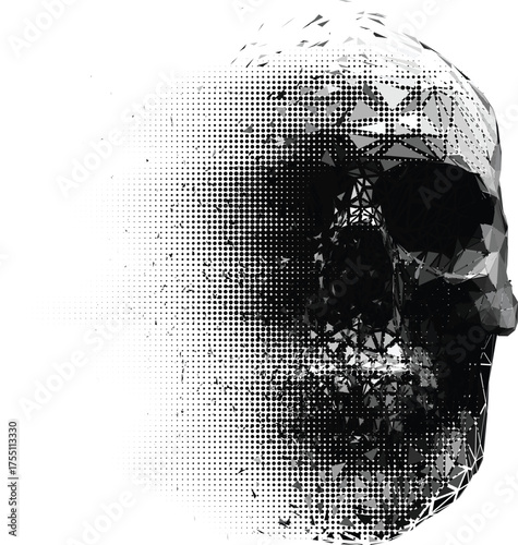 Vector polygonal halftone skull with geometric mesh and dotted dispersion effect. Monochrome style black and white dissolving transition pattern of 3D form.