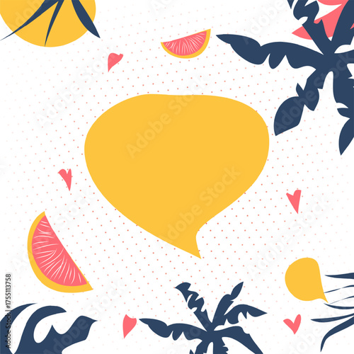 vector illustration of an abstract background with flowers , palm tree and a chat bubble