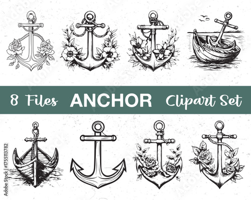 Hand-Drawn Anchor Clipart Set with Floral and Nautical Themes