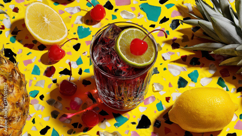 A glass of red drink with a lime slice and a cherry on top. The drink is served on a table with a yellow lemon and a pineapple. The drink is a refreshing beverage that is perfect for a hot day