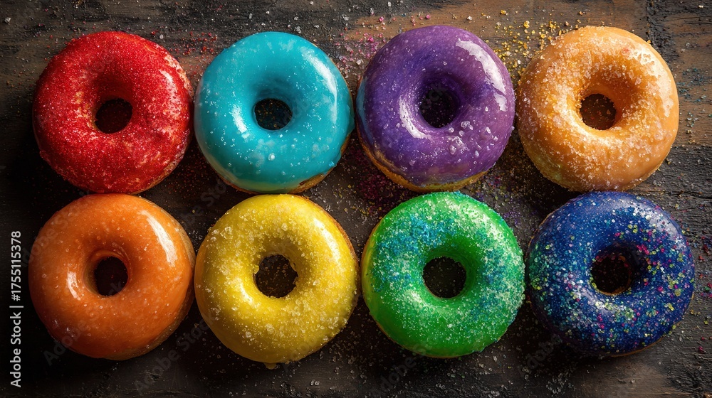 Fototapeta premium A row of colorful and sprinkled doughnuts arranged on a table