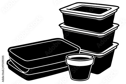 Empty metal coffee can and white paper cup with milk and bread food in kitchen recycling bin