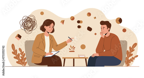 Therapist talking with man during psychological session – stress relief and mental health support illustration