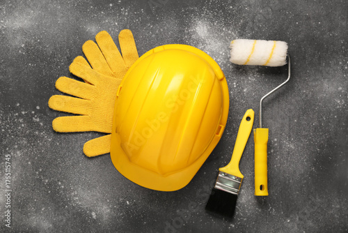 Yellow hardhat with gloves,...