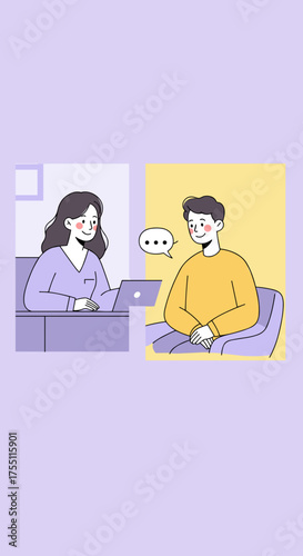 Online psychologist talking with client – virtual therapy and mental health support session illustration