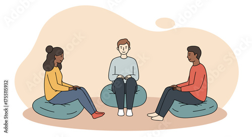 Mindfulness group meeting, people sitting on cushions during therapy