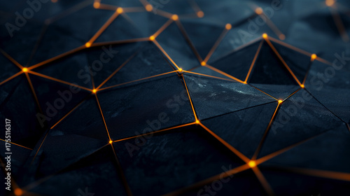 Abstract composition of interconnected geometric shapes and glowing orange lines on dark textured surface, futuristic digital network background with depth and light reflections.