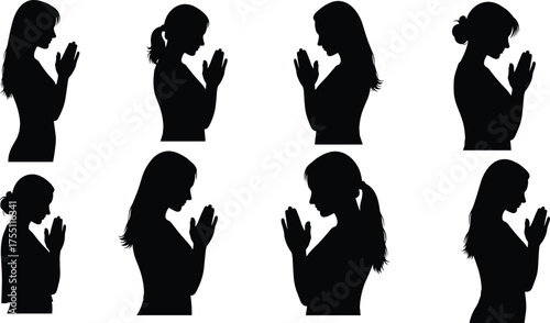 Women praying silhouettes, profile view, spiritual gesture, clasped hands, meditation pose, solemn reflection, black outline, illustration set, devotion icon
