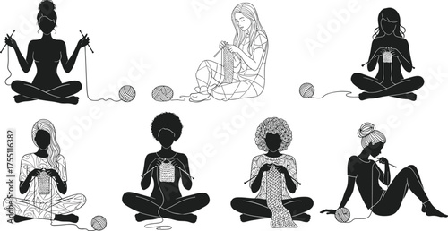 Women knitting silhouettes, crocheting pose, seated figure, yarn and needle, handmade craft, minimalist style, textile icon, illustration set, hobby theme