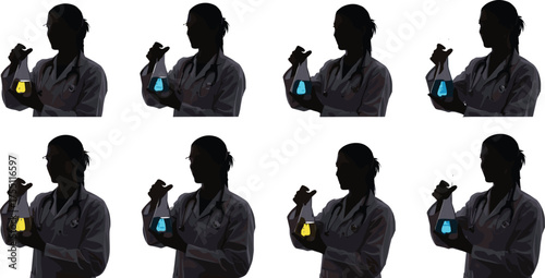 Scientist silhouette, lab coat figure, chemical experiment, flask and dropper, science icon, educational theme, illustration set, research pose