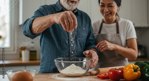 senior man and young woman baking together in kitchen with fresh ingredients and cheerful atmosphere