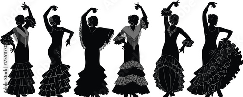 Flamenco dancer silhouettes, traditional dress, expressive pose, Spanish culture, ruffled gown, dramatic gesture, artistic icon, dance movement, illustration set
