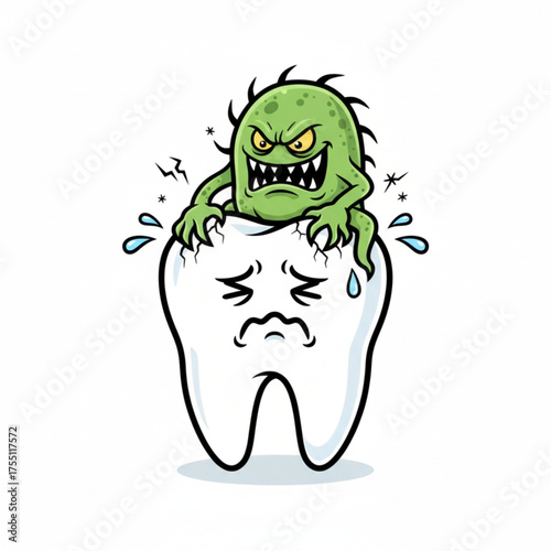 Cartoon germ attacking a distressed tooth, representing dental decay and oral hygiene issues