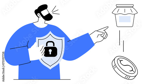 Man holding a shield with a padlock, pointing at a jar and coin. Ideal for security, protection, savings, finance, trust, investment awareness. Simple flat metaphor