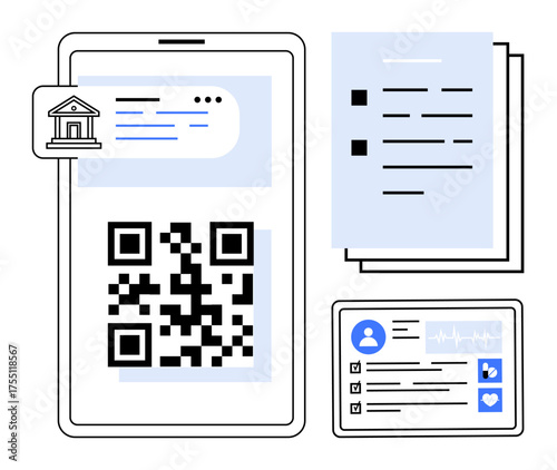 Smartphone with QR code, bank logo, documents, and detailed user profile card. Ideal for digital identity, data access, secure transactions, banking, healthcare verification simple flat metaphor
