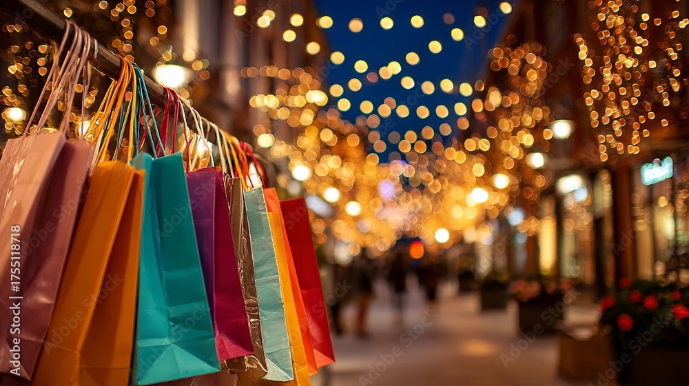 Obraz premium Vibrant shopping bags hanging invitingly on a bustling street adorned with festive bokeh lights, capturing the joy of retail therapy.