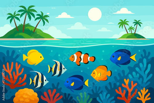 Colorful tropical reef scene with vibrant fish swimming near two small islands under a bright sun