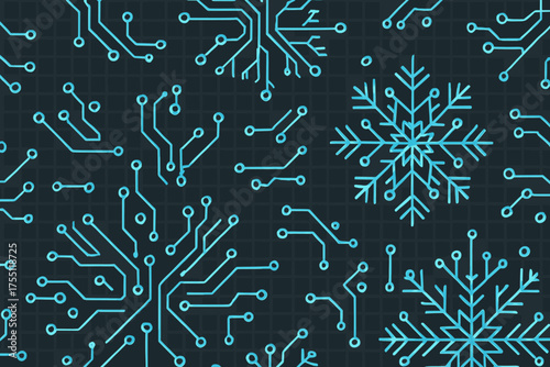 Creative blend of technology and nature in a circuit design featuring snowflakes against a dark background