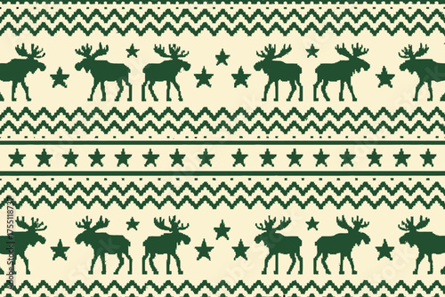 Charming green and white winter pattern featuring moose and stars in a festive design suitable for seasonal decor and clothing