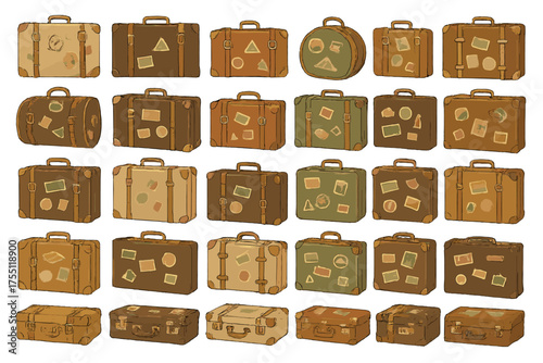 Collection of vintage suitcases with travel stickers and unique designs arranged in a stylish pattern