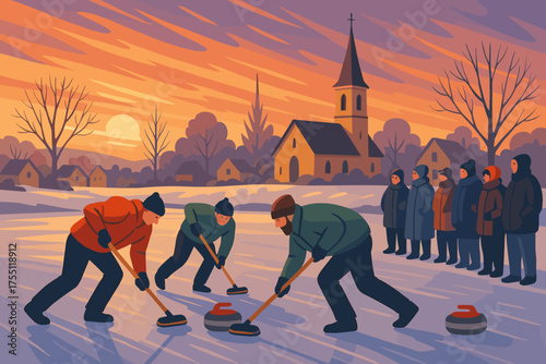 Curling match at sunset with spectators near a church in a snowy village