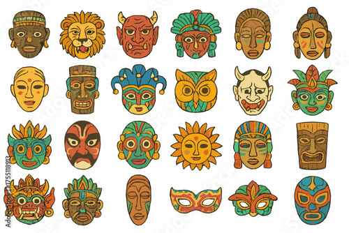 Colorful collection of masks showcasing diverse cultural styles and expressions in a vibrant arrangement