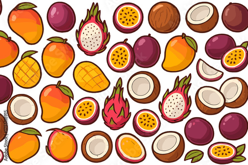 Colorful tropical fruits on a white background showcasing various kinds and slices