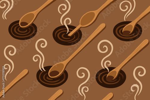 Warm coffee brews in wooden spoons creating a cozy kitchen scene with swirling steam at morning time