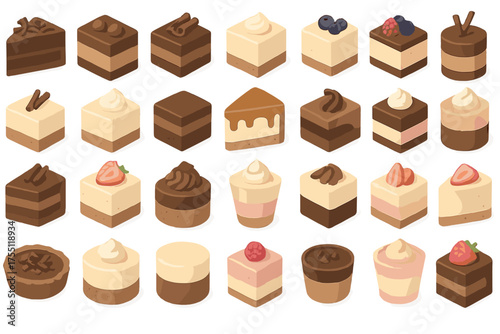 Collection of assorted desserts displayed neatly on a white background, featuring various cake styles and flavors