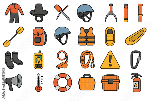 Collection of essential outdoor gear and safety equipment for adventure activities in various environments