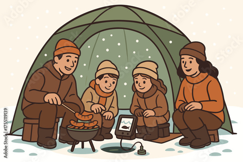 Family enjoys ice fishing while cooking sausages over a portable grill in winter
