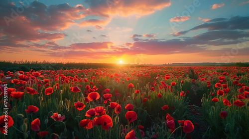 Enchanting sunrise over field of vibrant red poppy flowers landscape