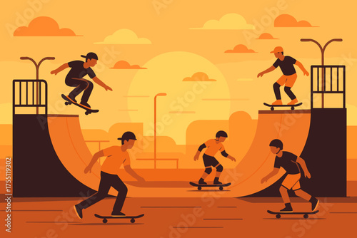 Skateboarders practice tricks at sunset in a lively skate park surrounded by smooth ramps and warm colors
