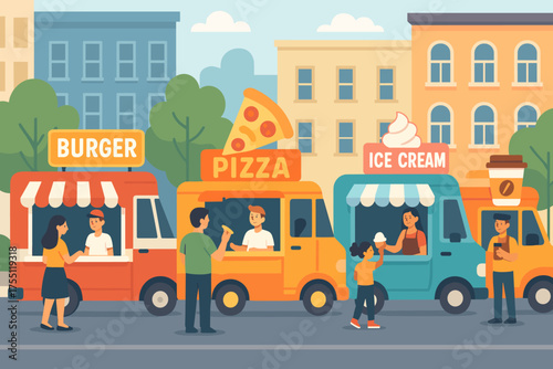 People enjoying food from various food trucks in a lively city setting during the afternoon