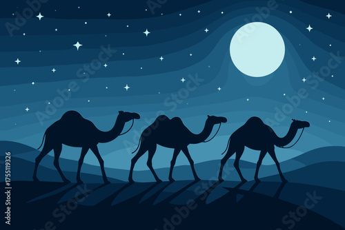 Camels walking under a bright moon in a starry desert night scene