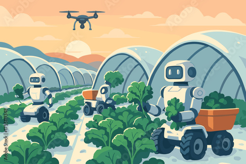 Robots and drones working together on a farm during sunset in a modern agricultural setting