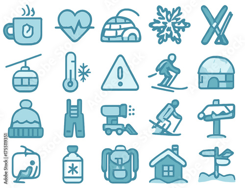 Icons representing winter sports, health, and safety equipment commonly found in ski resorts during the snowy season