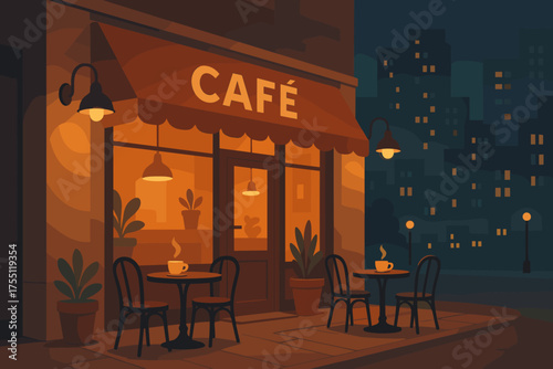 Evening ambiance of a cozy cafe in a city at night with warm lighting and comfortable seating