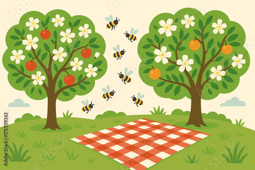 Enjoying a sunny picnic in a vibrant orchard surrounded by blooming trees and busy bees on a spring afternoon