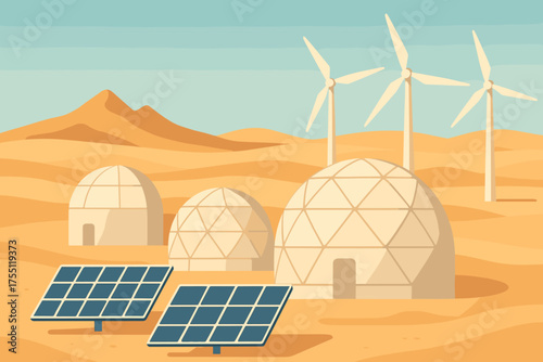 Solar panels and wind turbines create sustainable energy in a desert landscape with geodesic domes